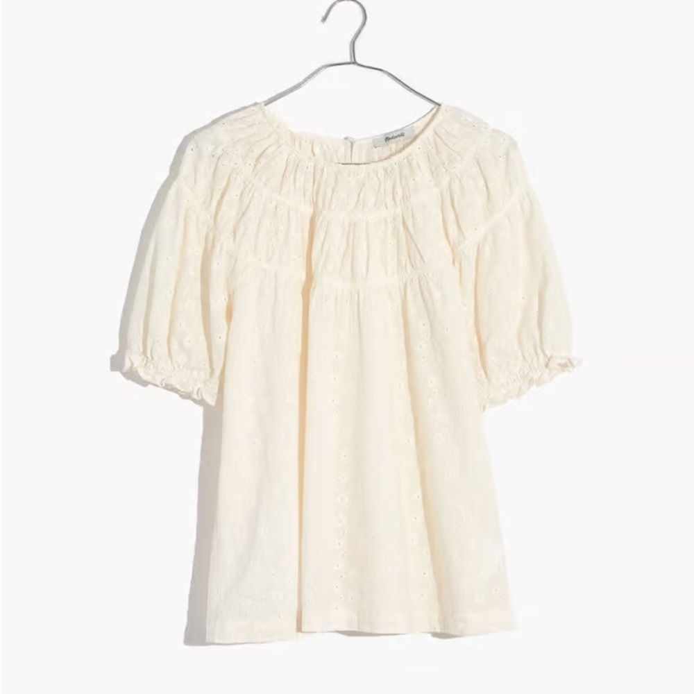 Madewell Daisy Embroidered Shirred Puff-Sleeve Top in French Vanilla